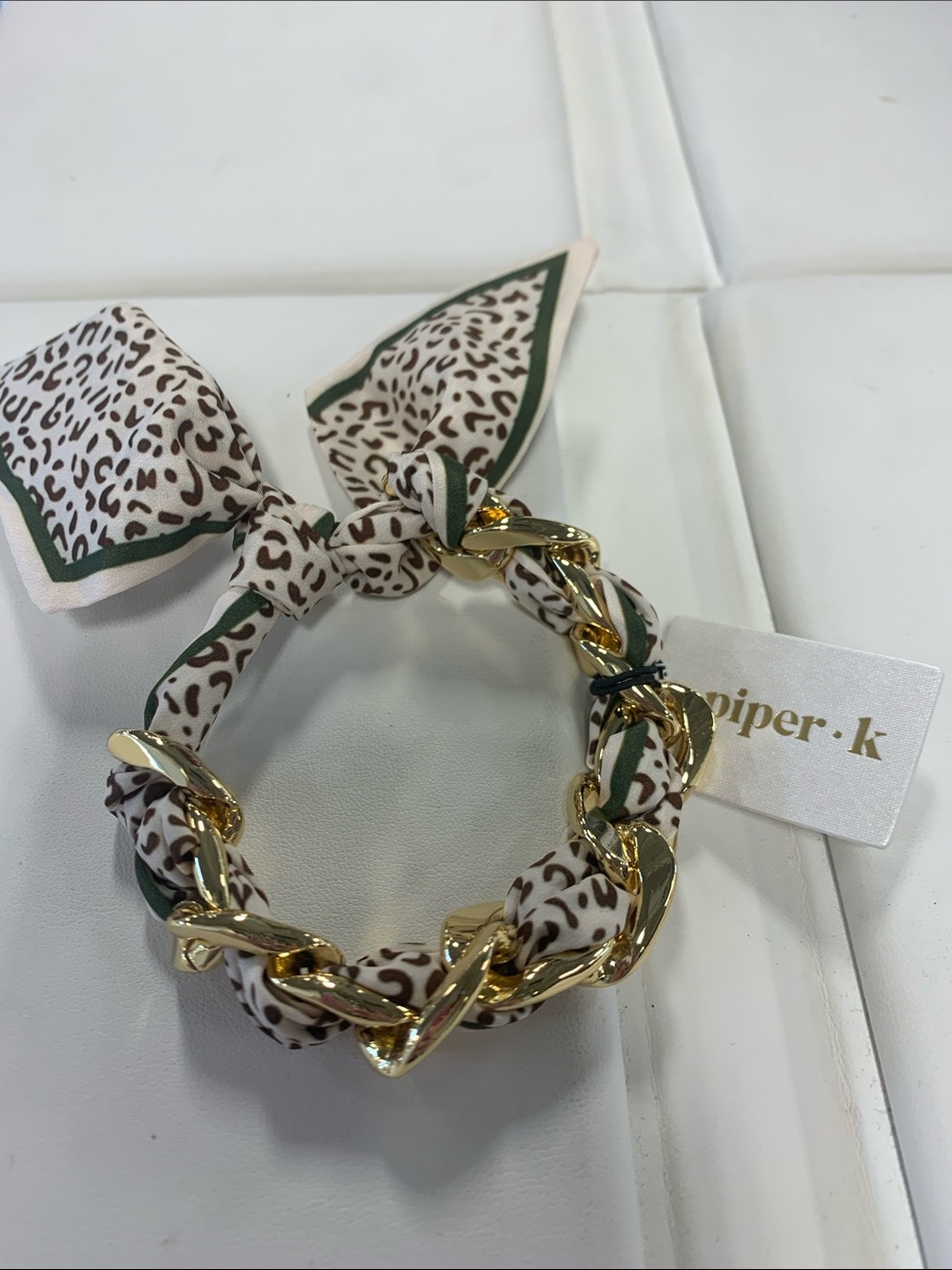 Piper K Gold Chain Scarf Bracelet Cheetah White, Brown and Green Trim